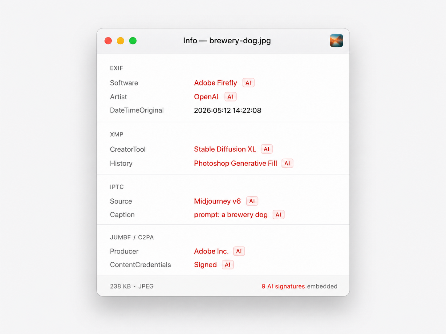 A macOS Get Info panel revealing the AI signatures embedded inside a typical AI-generated JPEG: Adobe Firefly, OpenAI, Stable Diffusion XL, Photoshop Generative Fill, Midjourney, Adobe Content Credentials.