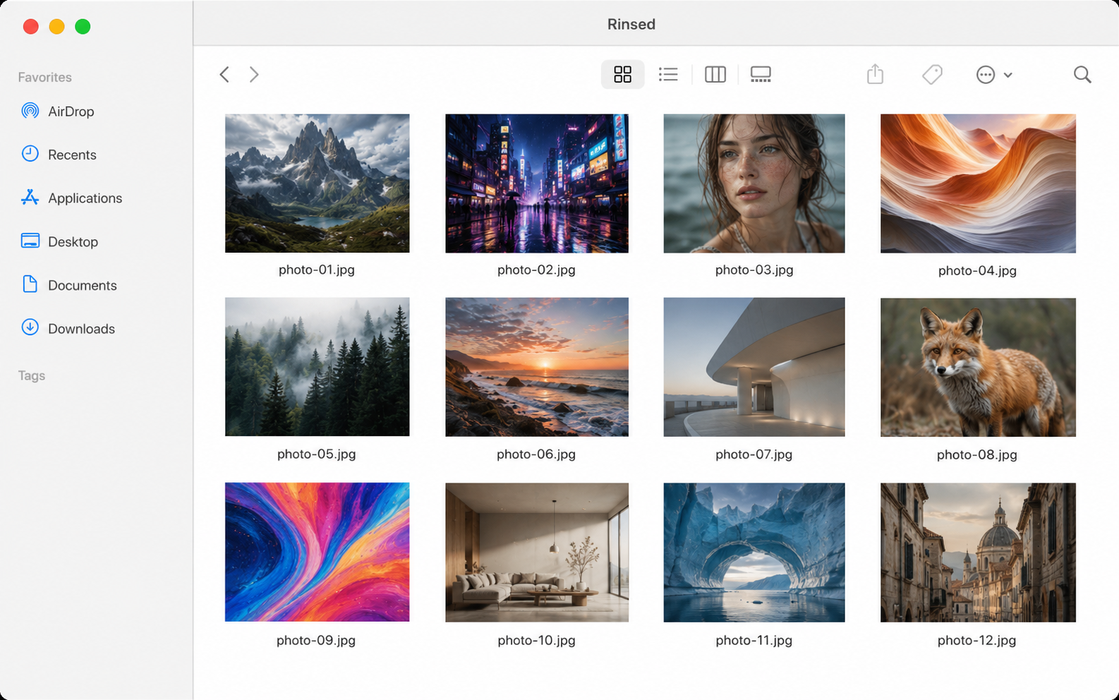 A macOS Finder window showing the Rinsed folder full of cleaned images